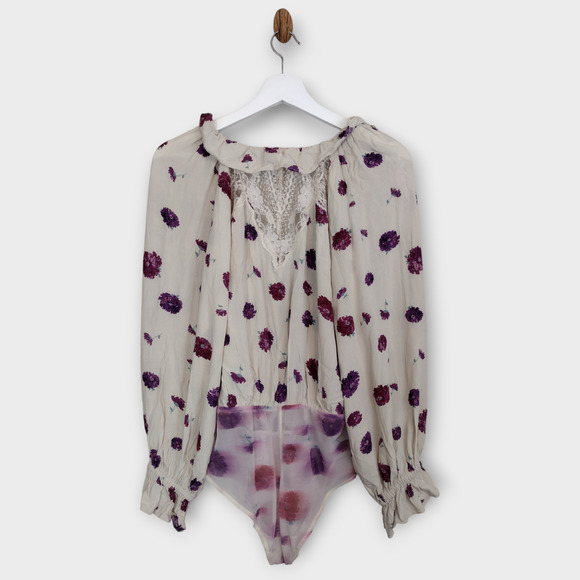 Intimately Free People Bodysuit Women's Small Poppy Floral Ruffle Boho Peasant - Picture 2 of 10